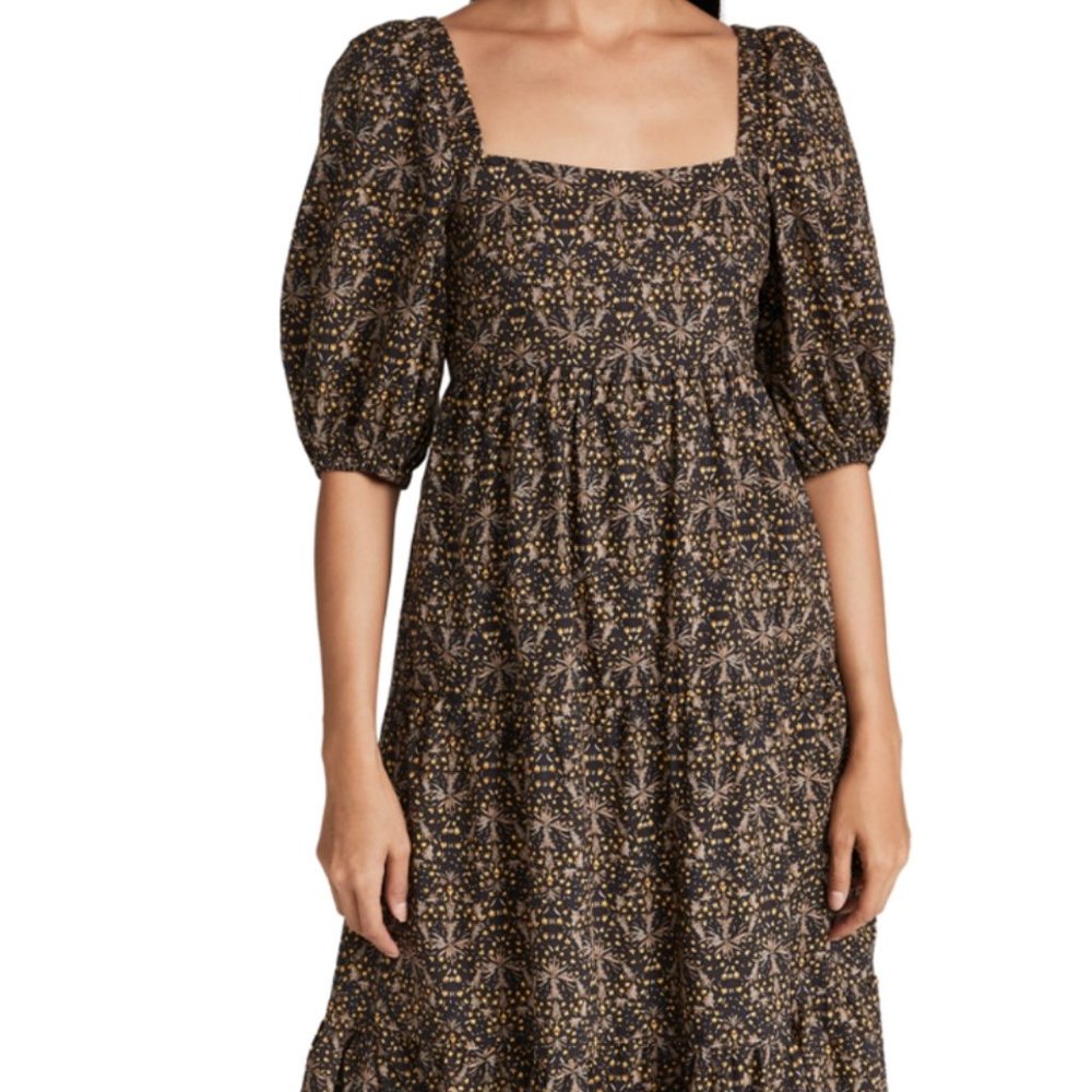Mink Pink Yasamin Printed Puff-Sleeve Open-Back Tiered Midi Dress size small